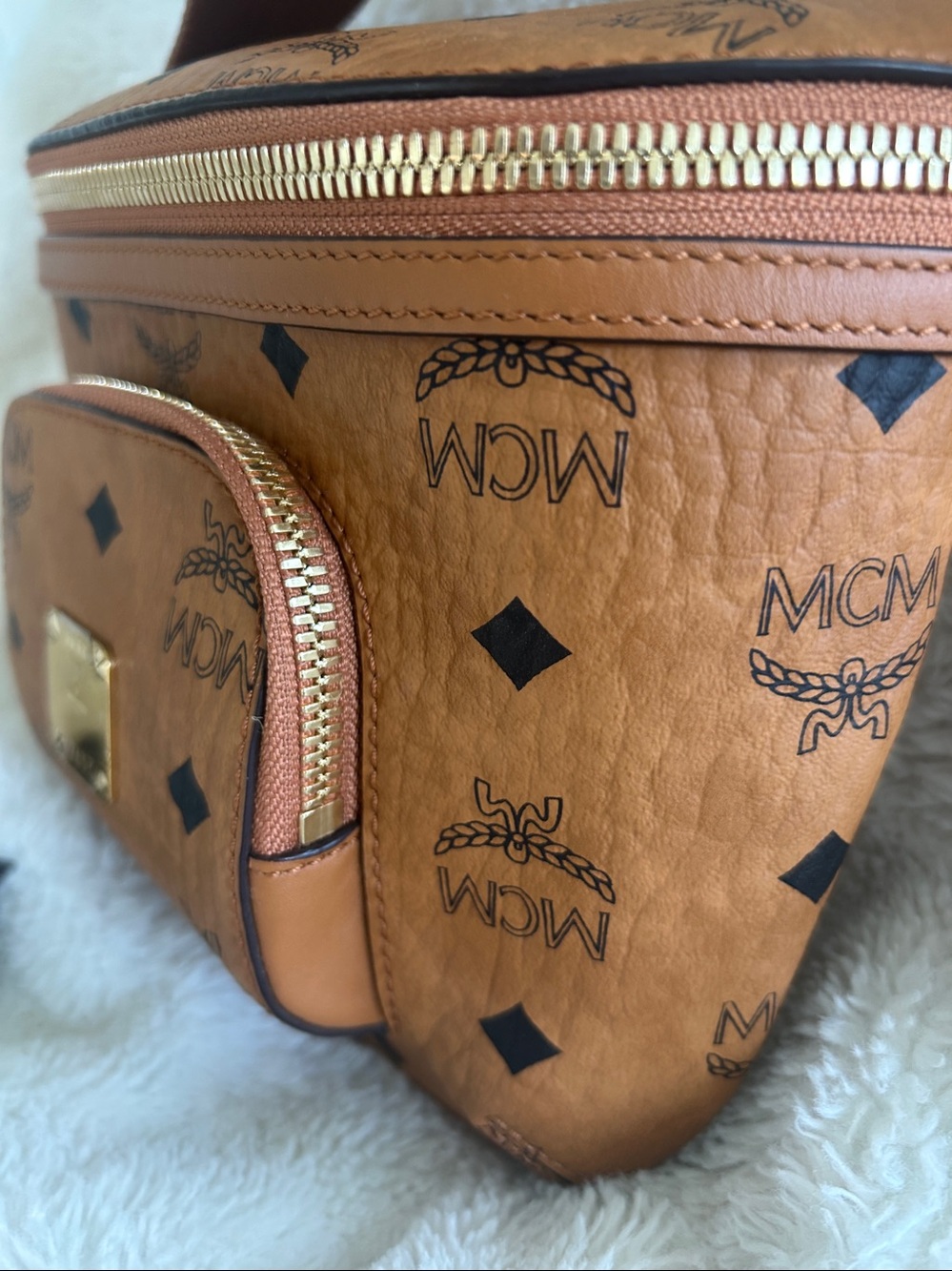 MCM Cognac Visetos Monogram Mini Crossbody Belt Bag with Gold Hardware - Picture 5 of 11